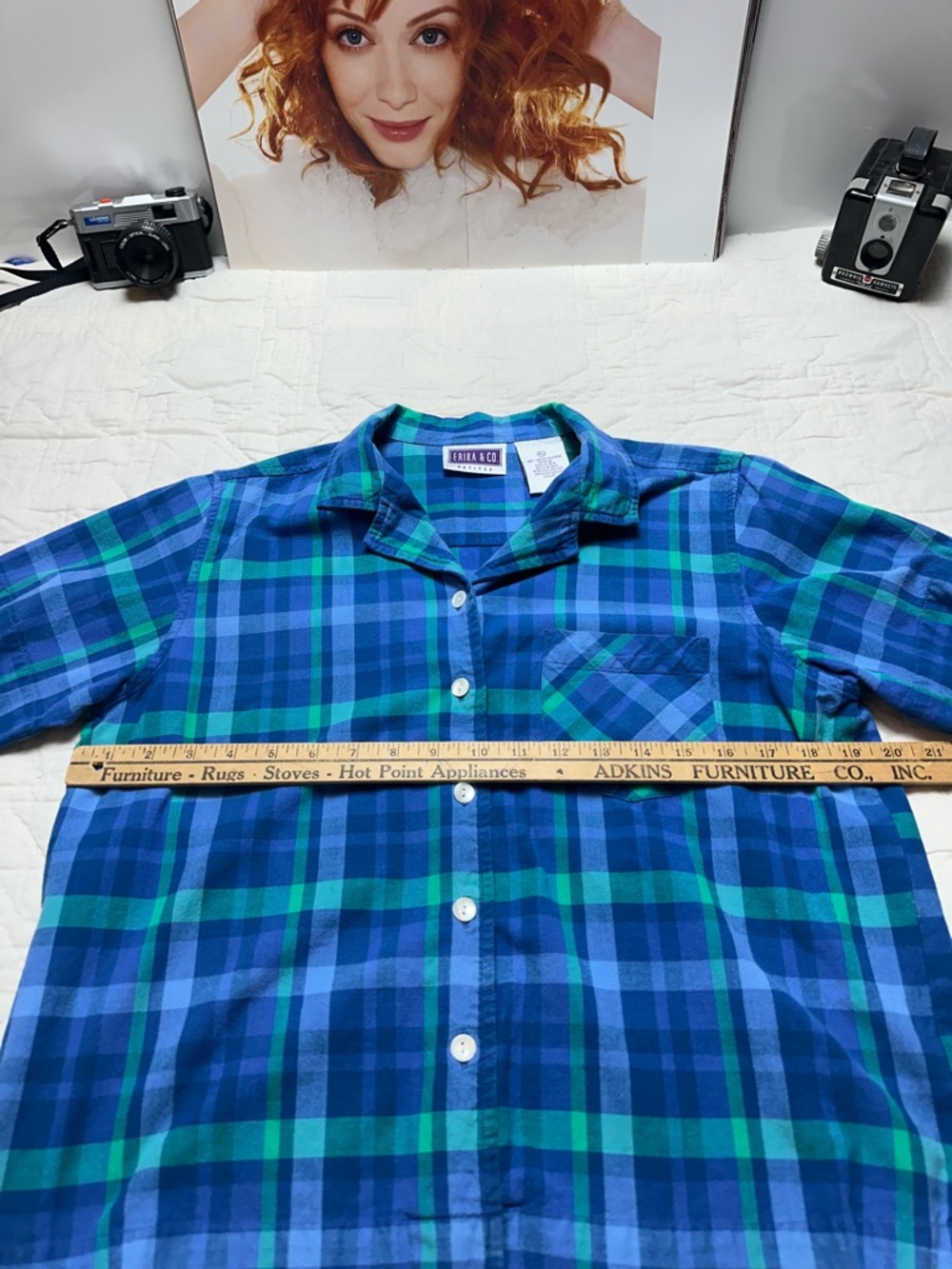 Blue Green Plaid Button Down | 90s Minimalist Boxy Short Sleeve · Erika & Co - Picture 7 of 11